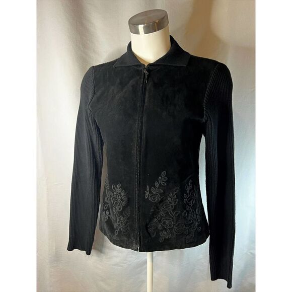 Black Suede Floral Embroidered Jacket Ribbed Knit Sleeves Full Zip Up - Picture 1 of 10